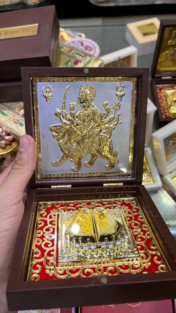 24K Gold Plated Jay Mata Di Jay Ambe Jay Durga Charan Paduka Frame 4x4 Inch – Navgraha.in