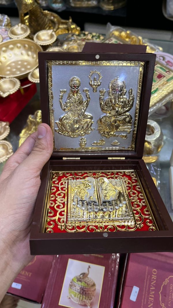 24K Gold Plated Laxmi Ganesh Charan Paduka Frame 4x4 Inch – Navgraha.in