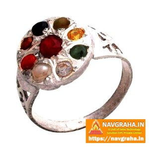 Navgraha Ring Silver Round Shape with Natural Stones – 925 Sterling Multi-Gemstone Adjustable Band – Navgraha.in