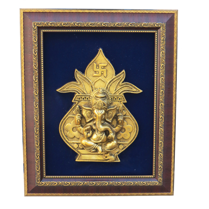 Ganesh Kalash Design Plate Wall Hanging Frame Brass & Wooden  Idol | Deity Idol Exclusive Collection - Image 1