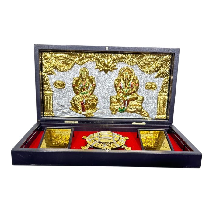 Sri Lakshmi Ganesh Gold Plated Yantra with Vasthu Tortoise Box Corporate Gift  8 x 4 inch - Image 1