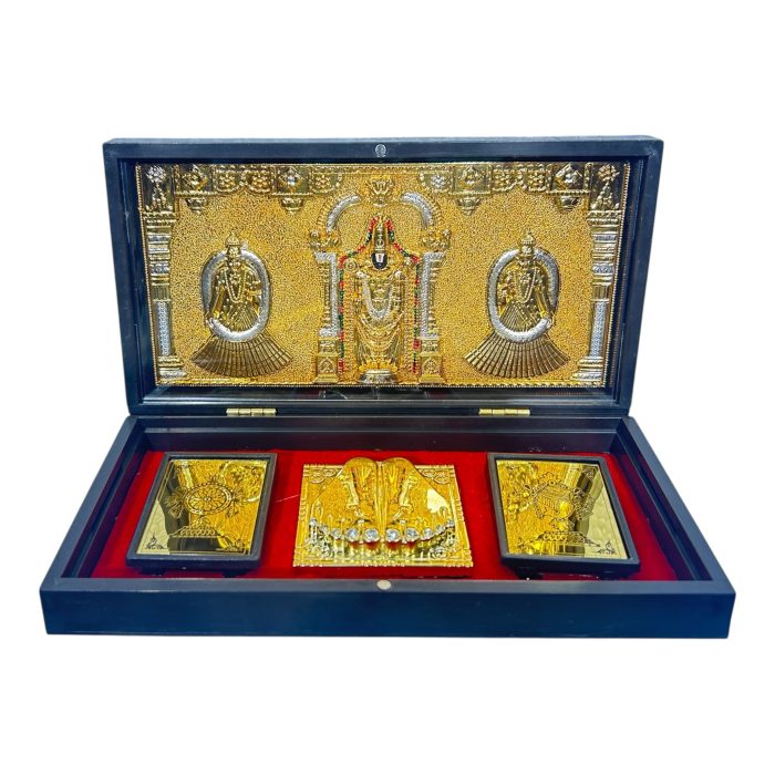 Sri Tirupati Srinivasar Alamelu Padmavati Gold Foil Charan Padhukas Box  Corporate Gift 8 x 4 inch - Image 1
