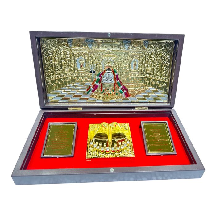 Somnath Shivaling inside Gold Plated Charan Padhuka Box Corporate Gift 8 x 4 inch - Image 1