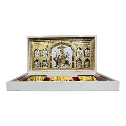 Sri Vaishno Devi Durga Maaji Silver plated Gold foil Charan Padhukas White Gift Box 8 x 4 inch