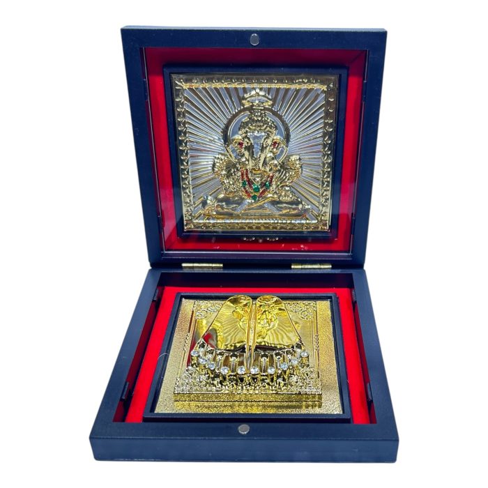 Silver Finish Multicolour Sri Ganesh Ji Gold Plated Charan Box Corporate Gift 4 x 4 inch - Image 1