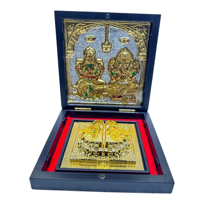 Sri Maha Lakshmi Ganesh Gold Plated Charan Box Corporate Gift 4 x 4 inch - Image 1