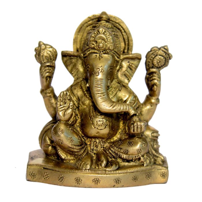 Takiya Ganesha With Flower Design Brass  Idol | Deity Idol Exclusive Collection - Image 1