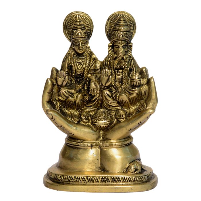 Ganesha Laxmi Sitting On Hand Brass  Idol | Deity Idol Exclusive Collection - Image 1