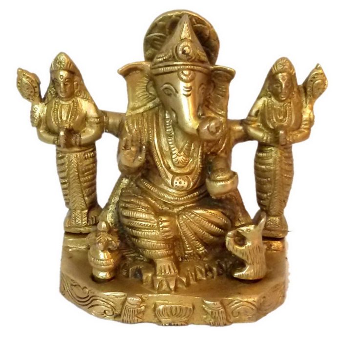 Ganesha With Riddhi Siddhi Brass Idol | Deity Idol Exclusive Collection - Image 1