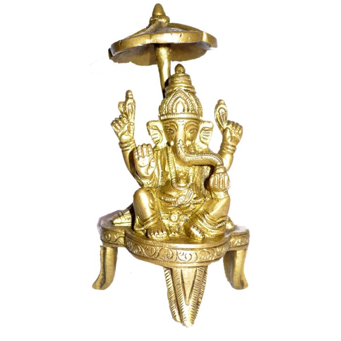 Ganesha sitting With Umbrella Small Brass  Idol | Deity Idol Exclusive Collection - Image 1
