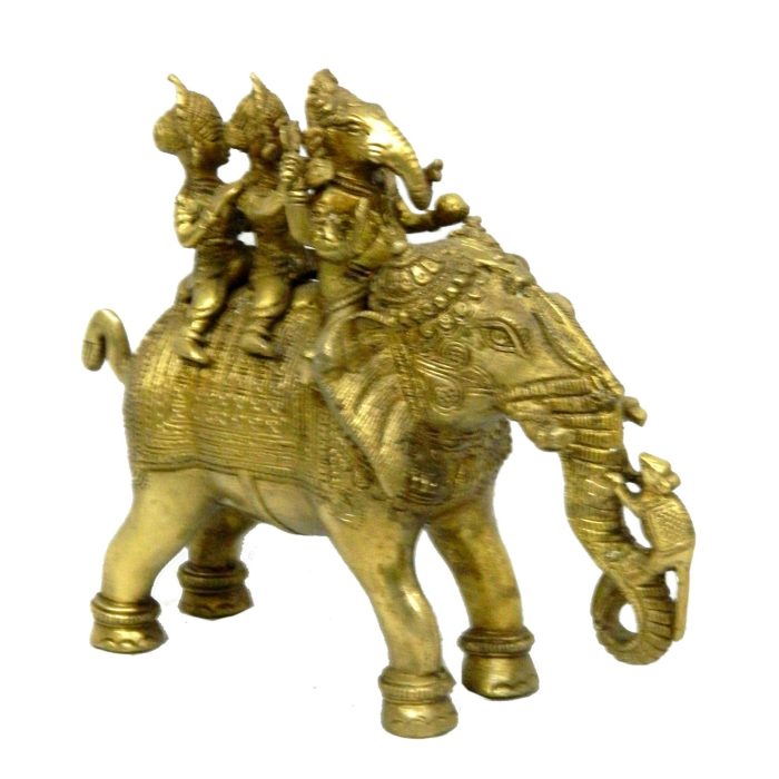 Ganesha With Riddhi Siddhi On Elephant Brass Collectible  Idol | Deity Idol Exclusive Collection - Image 1