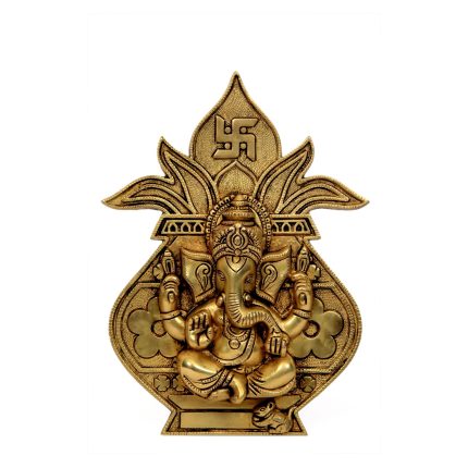 God Ganesh on Kalsh Design Plate with Brass Idol Statue 10″ Inch Idol | Deity Idol Exclusive Collection