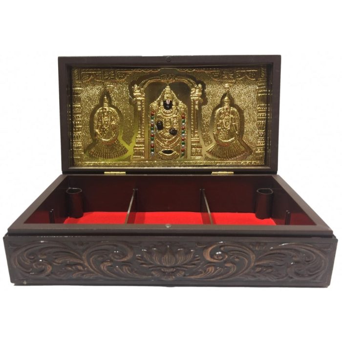 Lord Sri Tirupati Balaji with Sridevi & Bhudevi Gold Plated Secret Jewel Box Corporate Gift 8 x 4 inch - Image 1