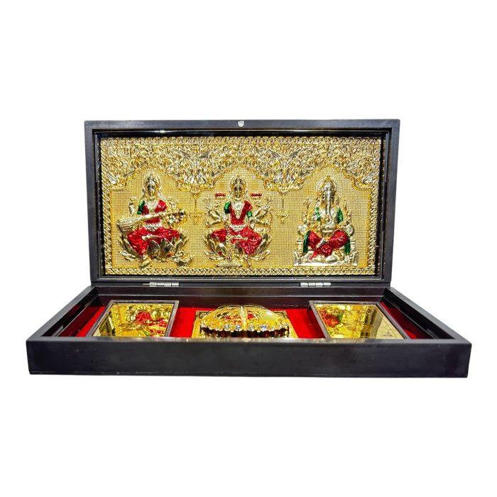Sri Mahalakshmi  Saraswati Ganesh Gold foil Charan Padhukas Corporate Gift  Box 8 x 4 inch - Image 1