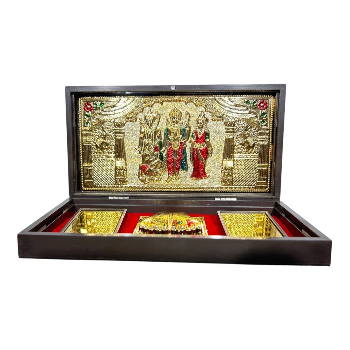 Sri Ram Darbar Red & Gold Foil Charan Padhukas Box size 8 x 4 inch - Image 1