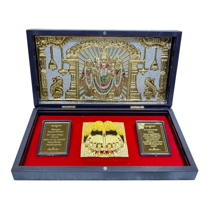 Sri Murugan Valli Daivanai Charan Padhuka Gold Plated Box Corporate Gift 8 x 4 inch - Image 1