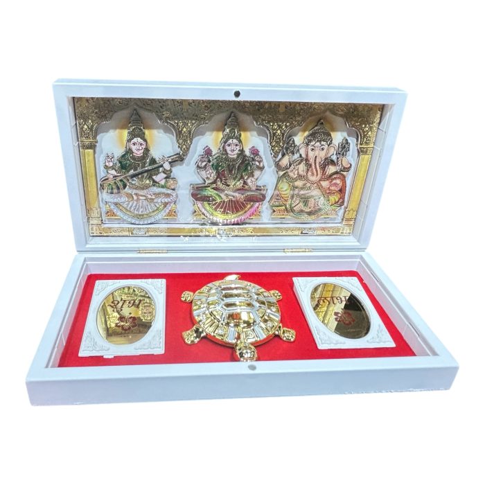 Sri Saraswati Lakshmi Ganesh Gold Plated Shub - Laabh and Vastu Tortoise White Box Corporate Gift 8 x 4 inch - Image 1