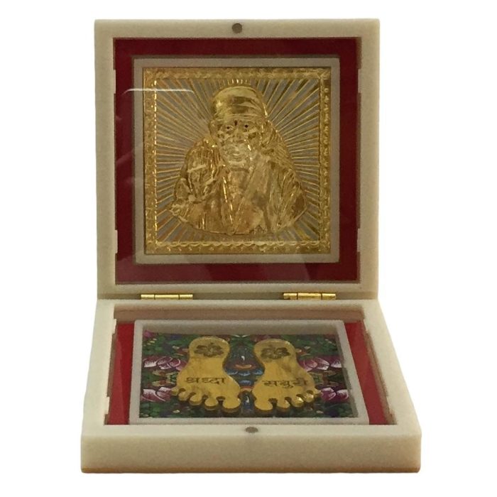 Sai Baba Gold Plated Charan Padhukas in White Box - Corporate Gift 4 x 4 inch - Image 1