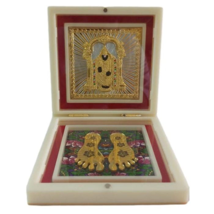 Gold Plated Sri Tirupati Balaji Charan Padhukas in White Box Corporate Gift 4 x 4 inch - Image 1