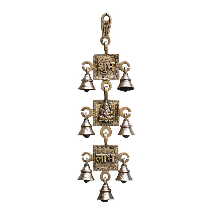 Brass Wall Hanging Subh Labh Ganesh with Bell Three Step  Idol | Deity Idol Exclusive Collection - Image 1