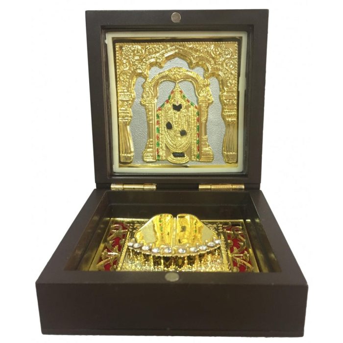 Sri Tirupati Balaji Gold Plated Charan Box Corporate Gift 3 x 3 inch - Image 1