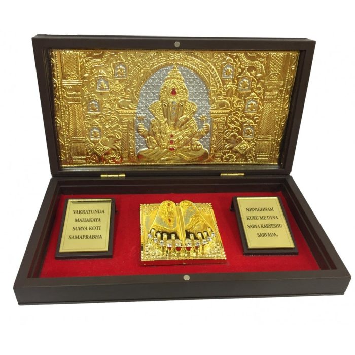Sri Ganesh Gold Plated Charan Padhukas Box Corporate Gift  8 x 4 inch - Image 1