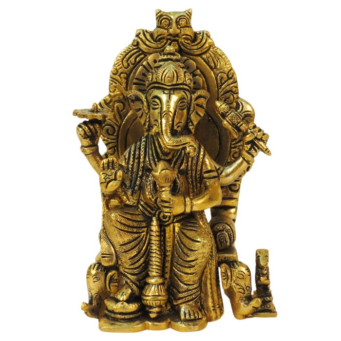 Brass Ganesha Statue Sitting on Throne 6.5 Inch Idol | Deity Idol Exclusive Collection - Image 1