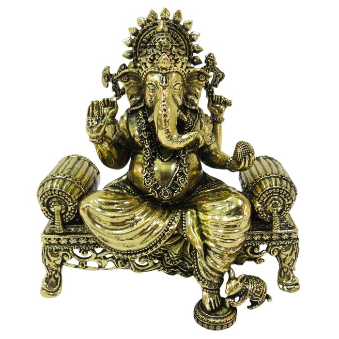 Brass Ganesha Sitting On Sofa Super Fine Finishing Idol 4 Inch with Light Weighted Detailed Carving work Idol | Deity Idol Exclusive Collection - Image 1