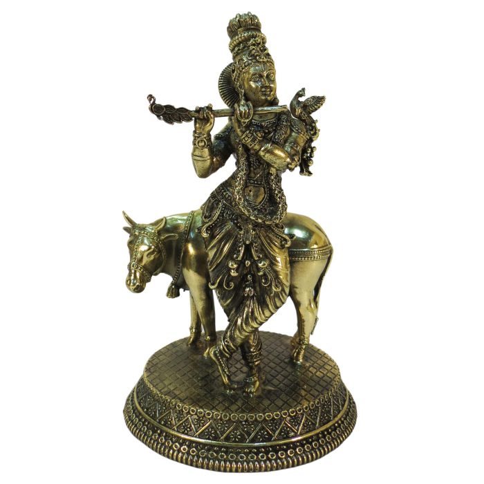 Graceful Brass Krishna with Cow Statue 6.5 Inch Height Idol | Deity Idol Exclusive Collection - Image 1