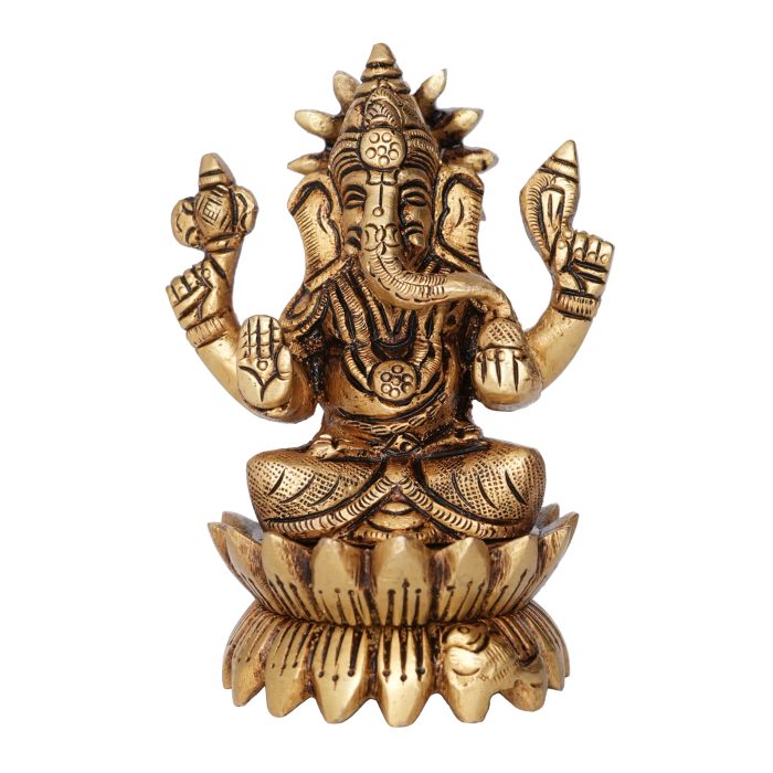 Brass Ganesh Sitting On Lotus Ganesh Statue 3.7 Inch Idol | Deity Idol Exclusive Collection - Image 1
