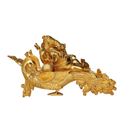 Brass Gold Plated Ganesha Sitting on Peacock Super Fine Finishing Idol 5 Inch Idol | Deity Idol Exclusive Collection
