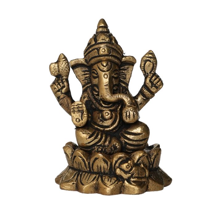 Brass Ganesh Sitting on Lotus Ganesh Statue 2.8 Inch Idol | Deity Idol Exclusive Collection - Image 1