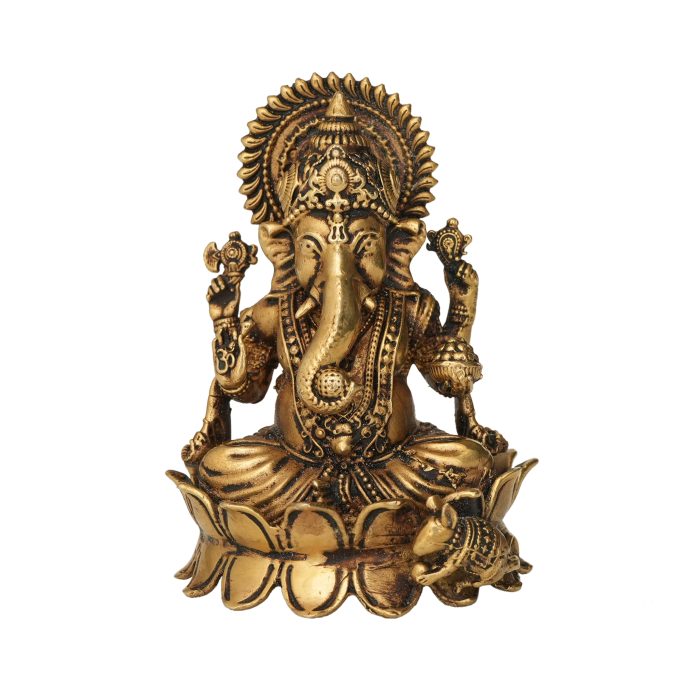 Brass Ganesh Sitting on Lotus Ganesh Statue 3.6 Inch Idol | Deity Idol Exclusive Collection - Image 1