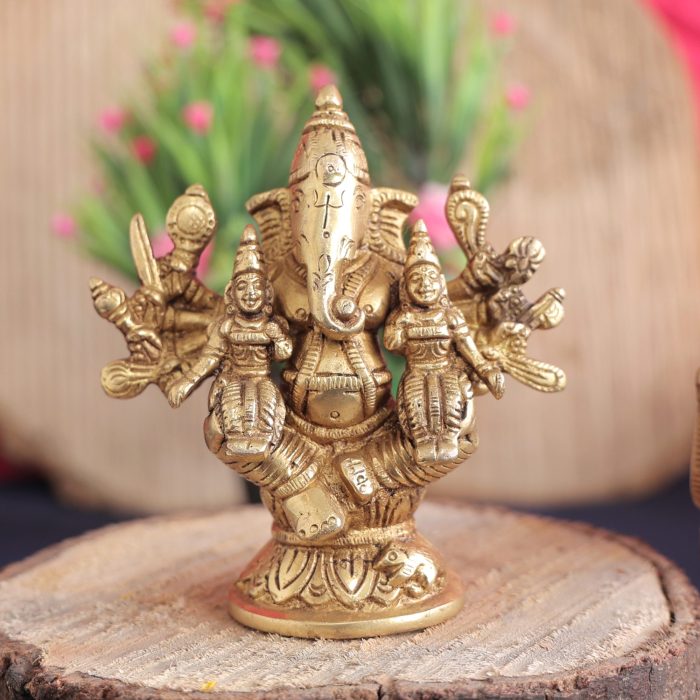Brass Ganesha with Riddhi Siddhi – 4.1 Inch Idol | 620g Idol | Deity Idol Exclusive Collection - Image 1