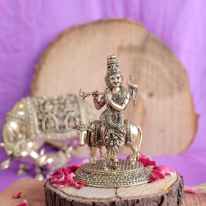 Brass Krishna with Cow – 5.5 Inch | 324 g Idol | Deity Idol Exclusive Collection - Image 1