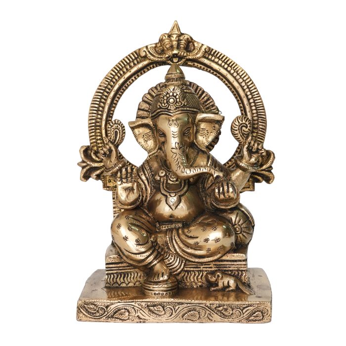 Brass Ganesha Sitting on Singhasan Idol 8.3 Inch Idol | Deity Idol Exclusive Collection - Image 1