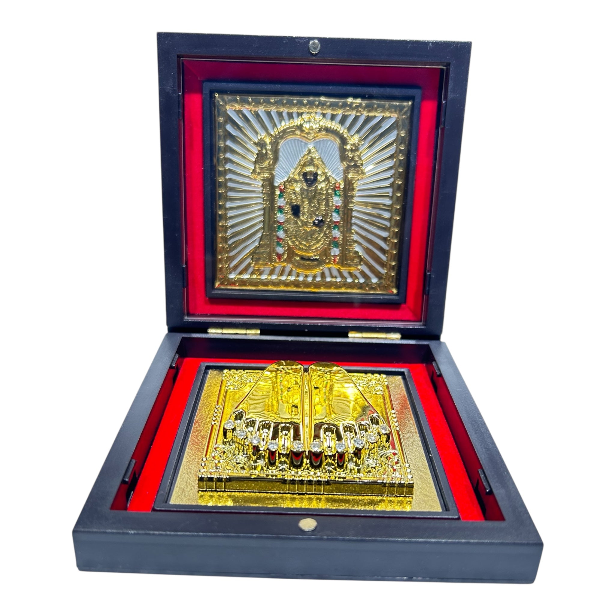 1414C400-F440-4641-99A3-EAE751C7835C-1.jpg Srinivasar- Tirupati Balaji Gold Plated Charan Box Corporate Gift 4 x 4 inch | Sacred Divine Footprints for Temple & Home - Image 1