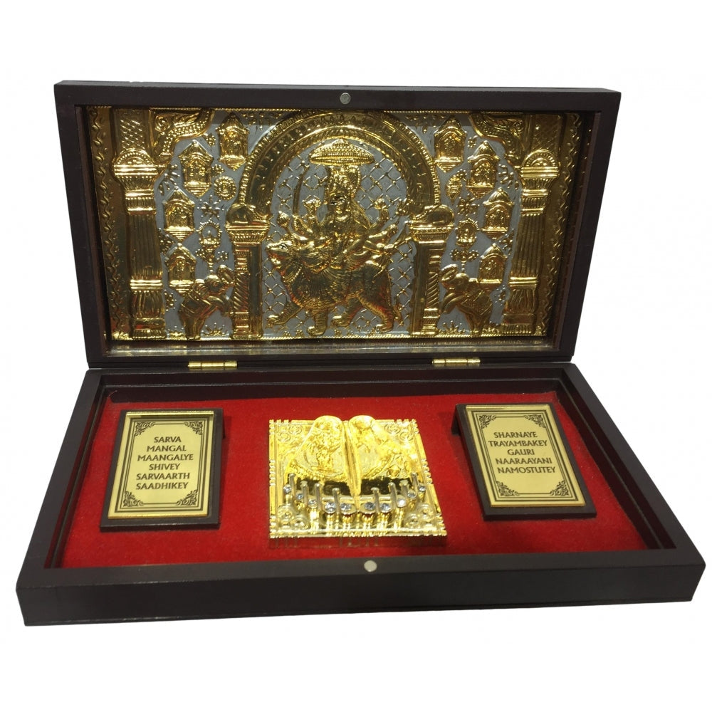 1608026688dc2ca1f566820f2d0d83669aa3d75687-1.jpg Sri Durga Maa Vaishno Devi Gold plated Charan Box Corporate Gift 8 x 4 inch | Sacred Divine Footprints for Temple & Home - Image 1