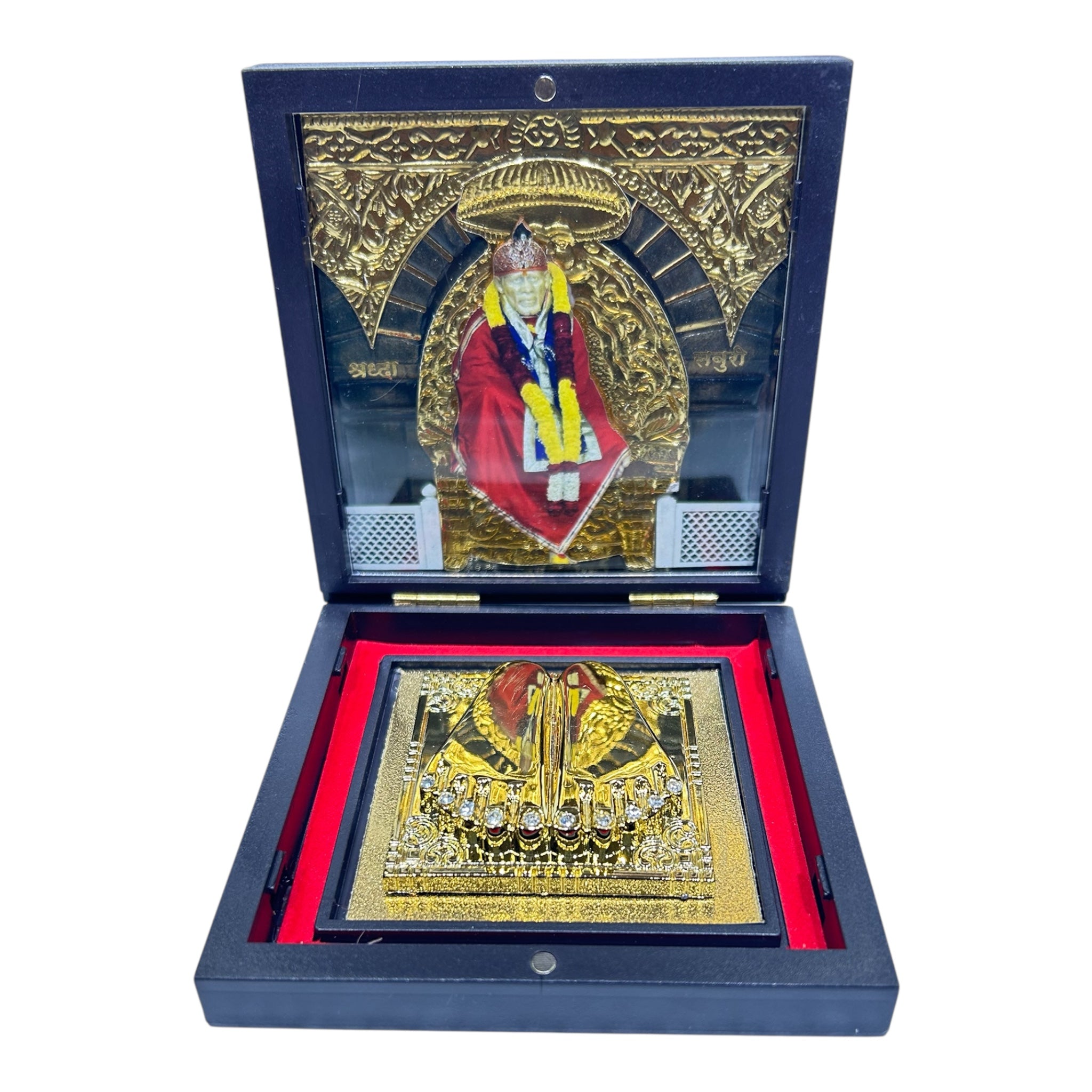 423FAC3A-A595-4681-A733-EEB3D0FF0163-1.jpg Sai Baba Gold Plated Charan Box Corporate Gift 4 x 4 inch | Sacred Divine Footprints for Temple & Home - Image 1