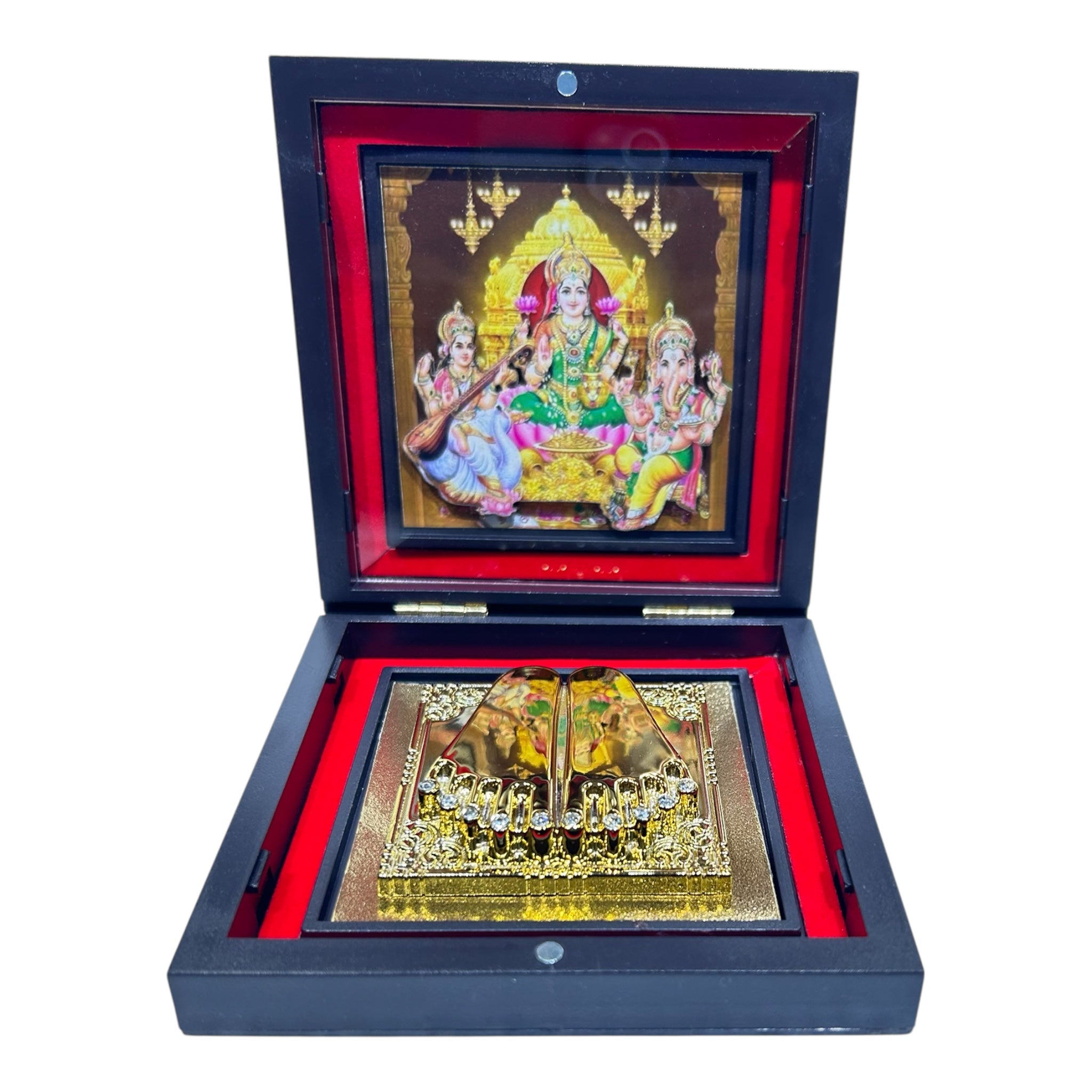 4AD8738B-19F3-4645-BDA3-F8E5C4F5EB5E-1.jpg Sri Lakshmi Ganesh Saraswati Gold Plated Charan Box Corporate Gift 4 x 4 inch | Sacred Divine Footprints for Temple & Home - Image 1