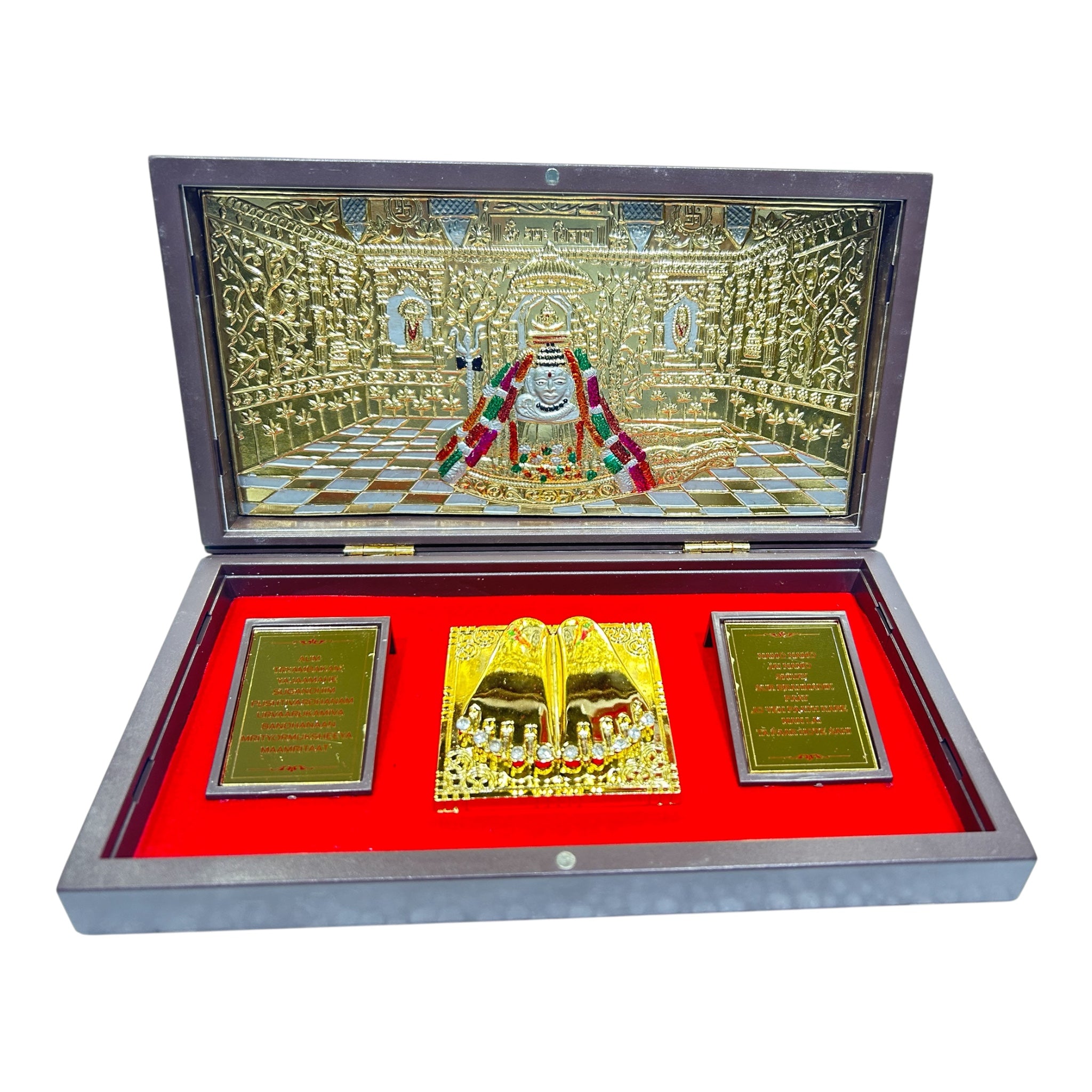 5E2BCAEE-6C59-41B0-BA95-FE40D5B4BE61-1.jpg Somnath Shivaling inside Gold Plated Charan Padhuka Box Corporate Gift 8 x 4 inch | Sacred Divine Footprints for Temple & Home - Image 1