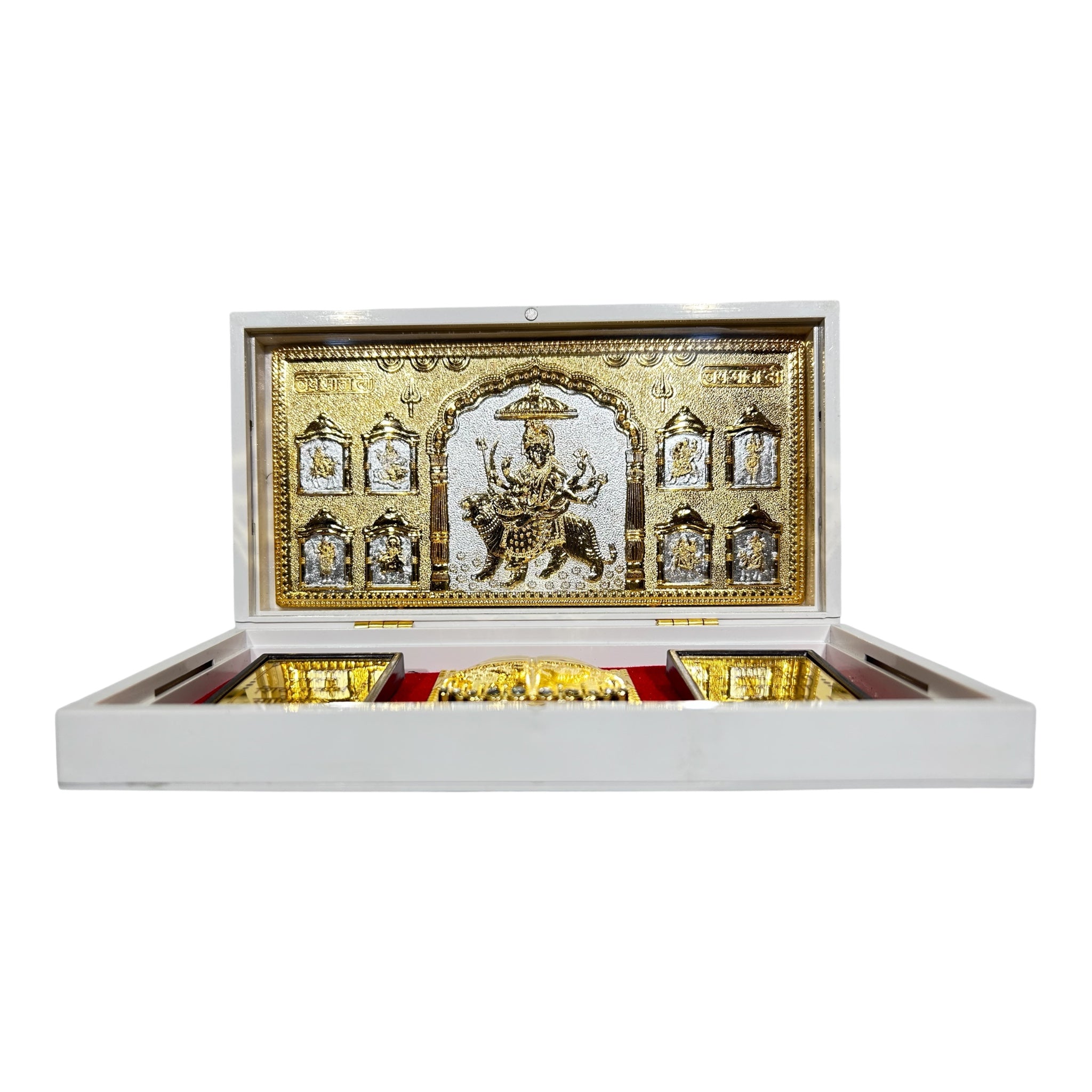 6241D1B4-EDBC-4EAC-A68A-DDE53703737F-1.jpg Sri Vaishno Devi Durga Maaji Silver plated Gold foil Charan Padhukas White Gift Box 8 x 4 inch | Divine Footprints for Blessings & Prosperity - Image 1