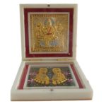 Sri Gaja Lakshmi Maaji Gold Plated Charan Padhukas in White Box Corporate Gift 4 x 4 inch | Divine Footprints for Blessings & Prosperity