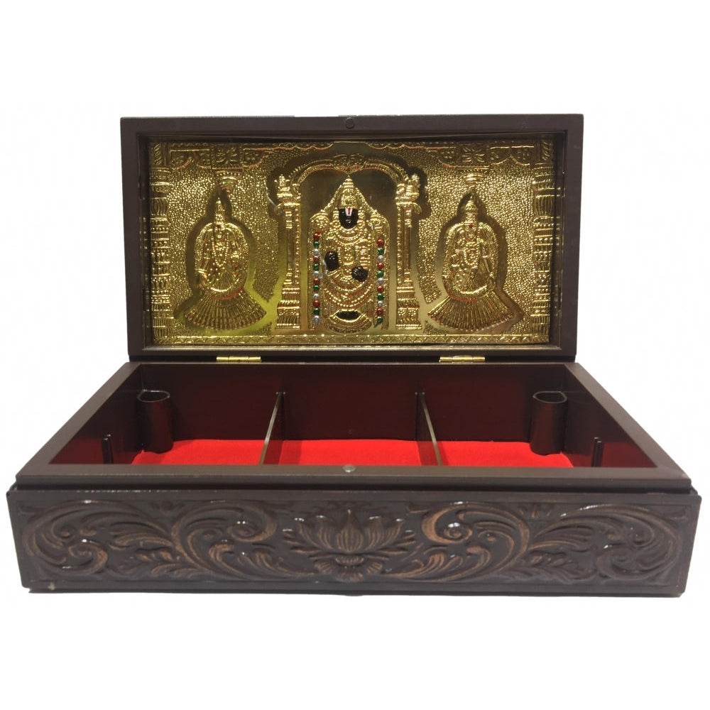 Box26-1.jpg Lord Sri Tirupati Balaji with Sridevi & Bhudevi Gold Plated Secret Jewel Box Corporate Gift 8 x 4 inch | Premium Corporate Gift for Divine Blessings - Image 1