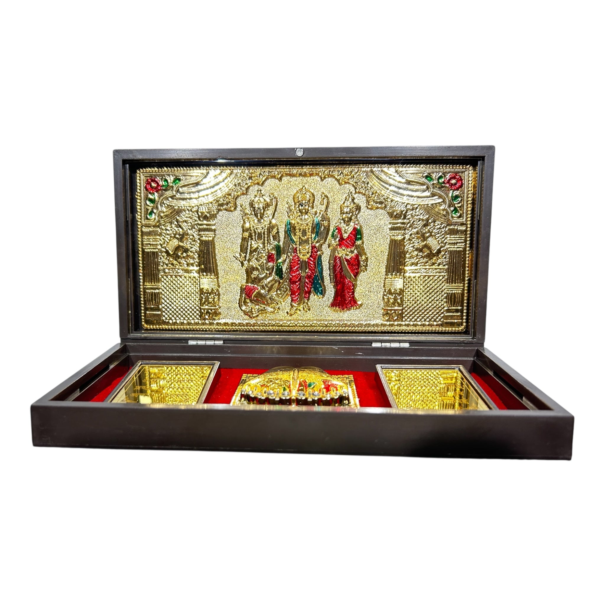 C53C069C-2FC3-480E-BE18-BC4897E8308A-1.jpg Sri Ram Darbar Red & Gold Foil Charan Padhukas Box size 8 x 4 inch | Divine Footprints for Blessings & Prosperity - Image 1
