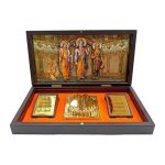 Multicolour Sri Ram Parivar inside Gold Plated Charan Padhuka Box Corporate Gift 8 x 4 inch | Sacred Divine Footprints for Temple & Home