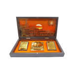 Sooryavanshi Sri Ram Ayodya Mandir inside Gold Plated Charan Padhuka Box Corporate Gift 8 x 4 inch | Sacred Divine Footprints for Temple & Home