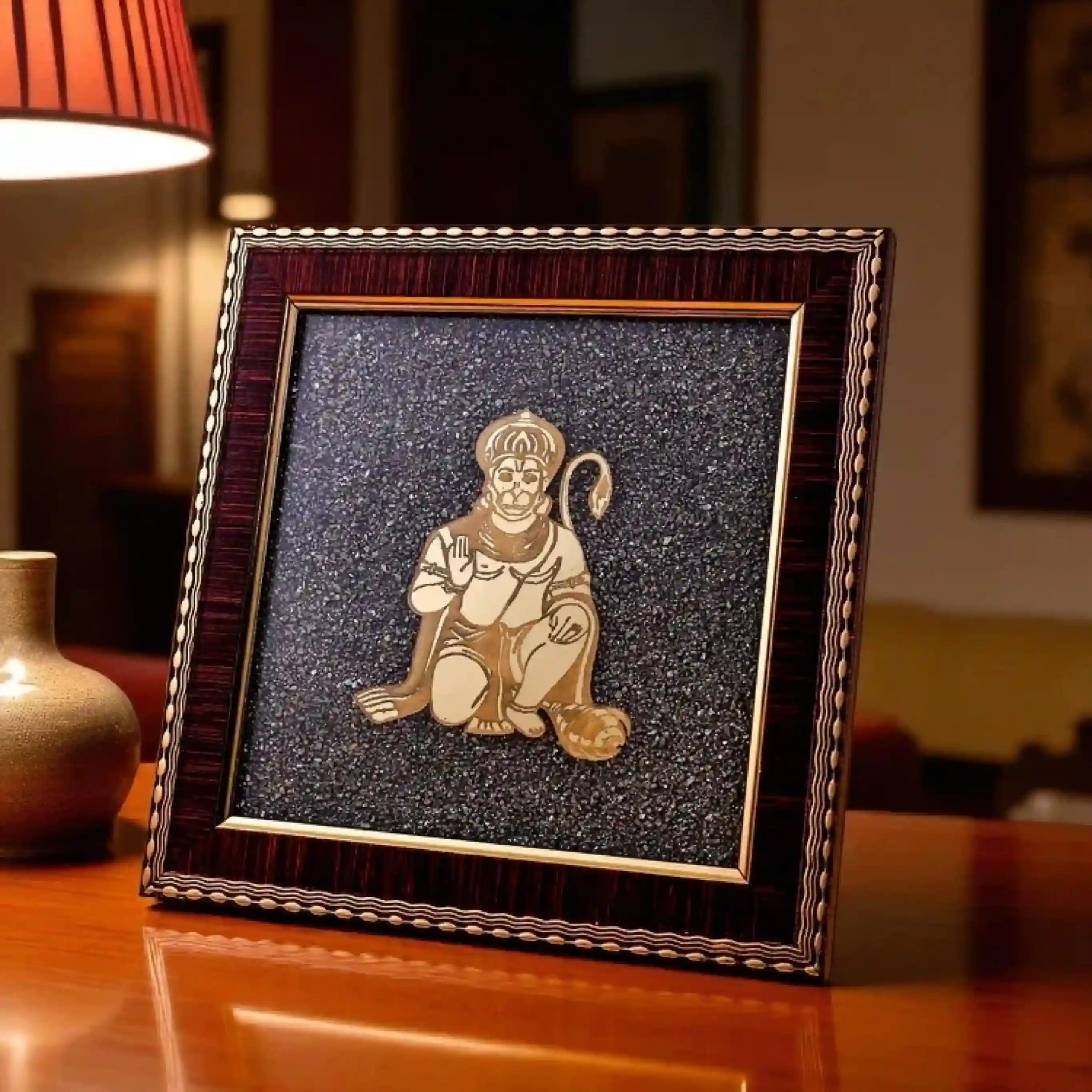 HanumanJipyriteFrame4.jpg Hanuman Ji Pyrite Photo Frame for Courage, Positivity & Negativity Shield, 6x6 inch - Image 1