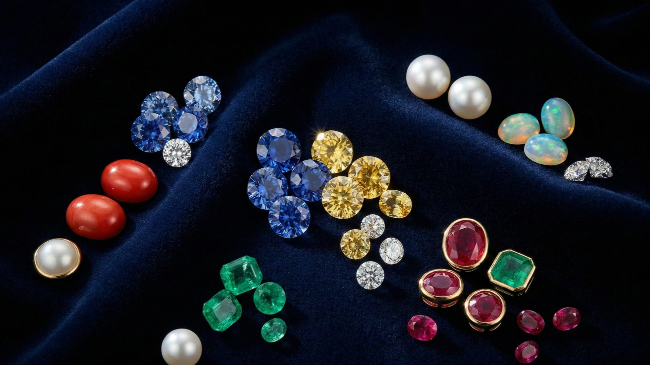 Luxurious collection of natural gemstones arranged on dark velvet: blue sapphire, yellow sapphire, emerald, ruby, red coral, pearl, diamond/opal, all displayed with dramatic lighting, some cut and polished showing brilliance, representing complete zodiac gemstone remedies, high-end jewelry photography style
