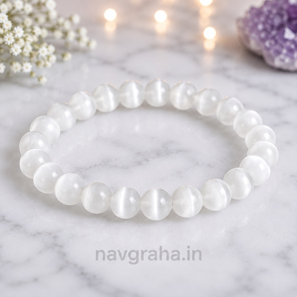 571e15f9-26d4-43d8-be3f-7a4078ca111d Selenite Crystal Bracelet | Natural Gemstone Beads | Continuous Aura Cleansing, Divine Light & Crown Chakra | Navgraha.In - Image 1